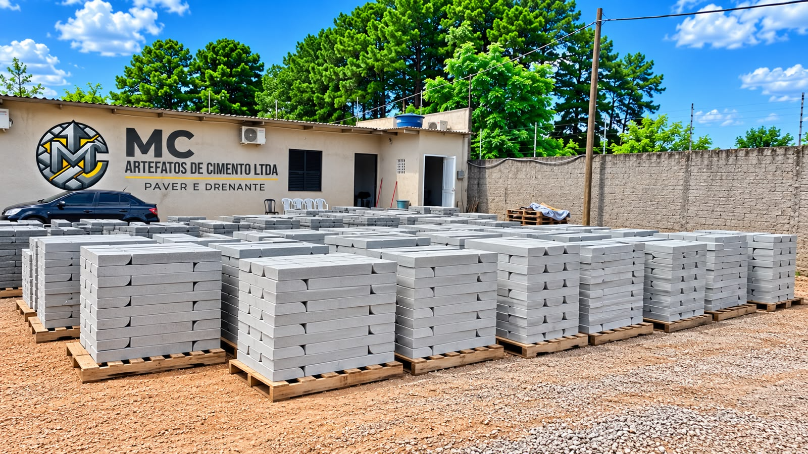Pátio da fábrica MC Artefatos de Cimento com pallets de paver e drenante em Cascavel