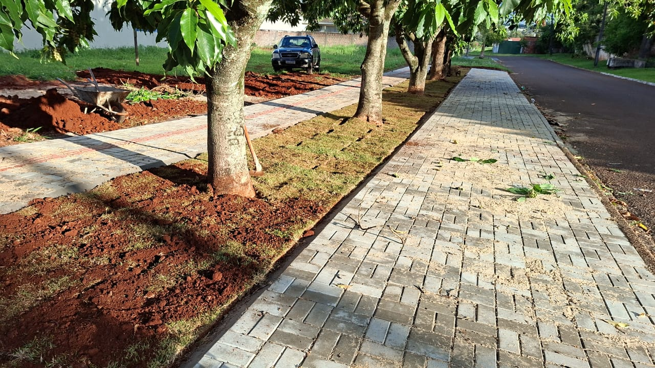 Passeio em paver intertravado ao longo de canteiro com árvores